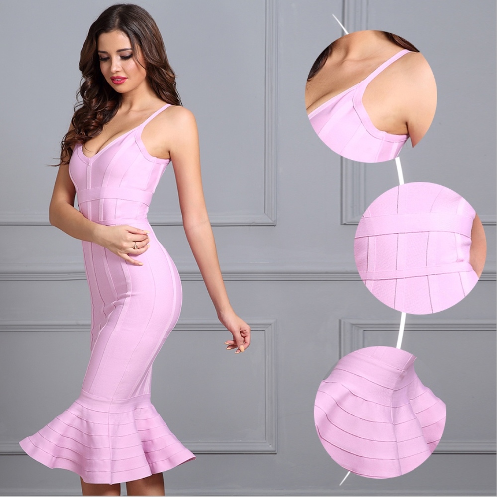 Bandage V-Neck Midi Mermaid Dress in Lilac Pink - Picture 4 of 12
